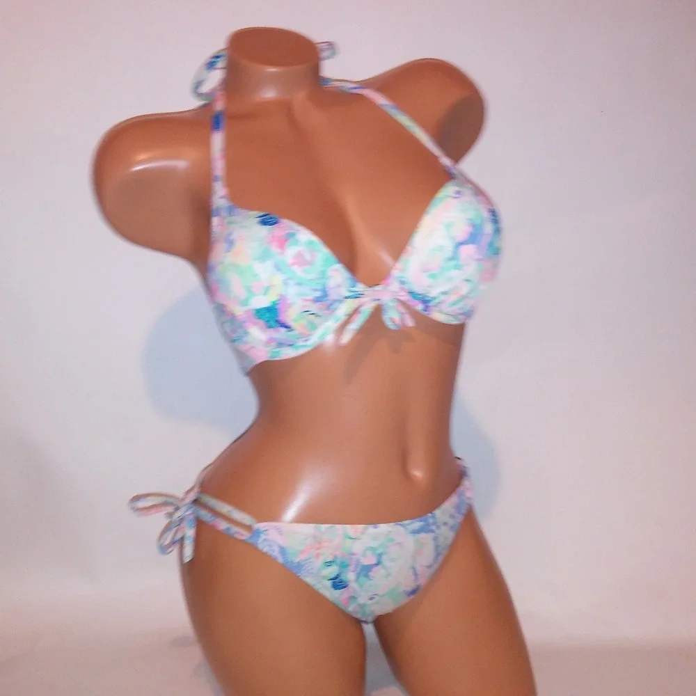 Victoria Secret Swim Bikini 32C Top Medium Bottom Push Up Blue Paisley Halter